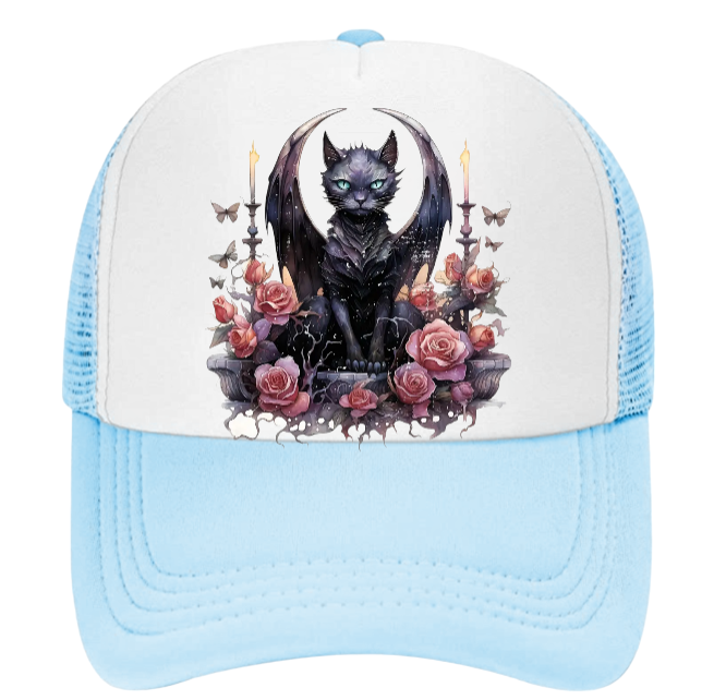Angel Cat Hat Adjustable Snapback Trucker Hat Cute Black Cat With Wings Floral