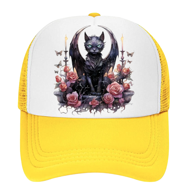 Angel Cat Hat Adjustable Snapback Trucker Hat Cute Black Cat With Wings Floral