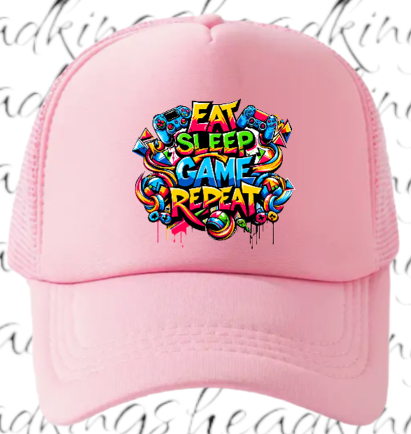 Gamer Hat Adjustable Snapback Trucker Hat Graffiti Words Eat Sleep Game Repeat