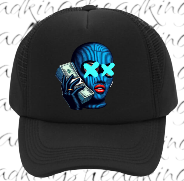 Women Hat Adjustable Snapback Trucker Hat Woman With Blue Mask Holding Dollars