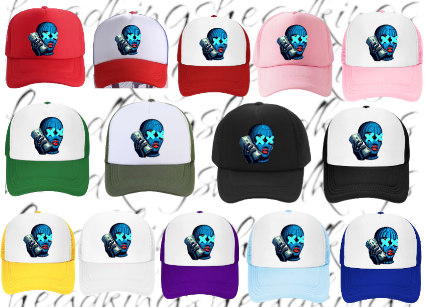Women Hat Adjustable Snapback Trucker Hat Woman With Blue Mask Holding Dollars