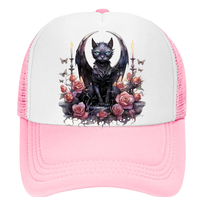 Angel Cat Hat Adjustable Snapback Trucker Hat Cute Black Cat With Wings Floral