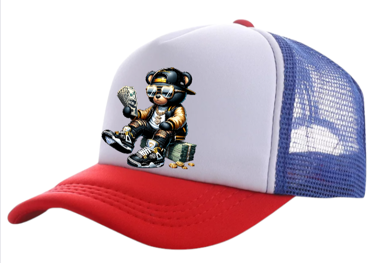 Dollars Hat Adjustable Snapback Trucker Hat Gangster Bear Counting Money Dollars