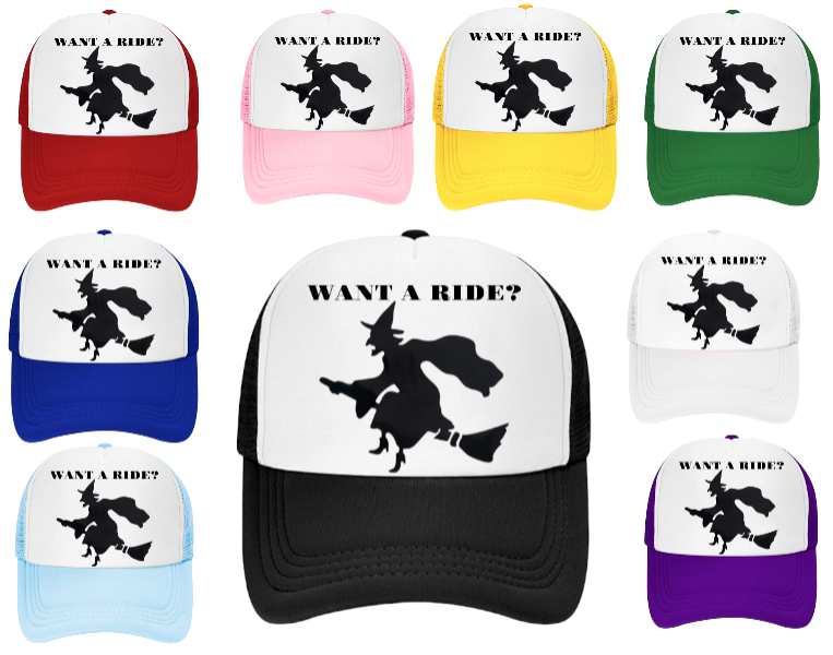 Witch Hat Witch Riding Broom Hat Adjustable Snapback Trucker Hat Halloween Hat