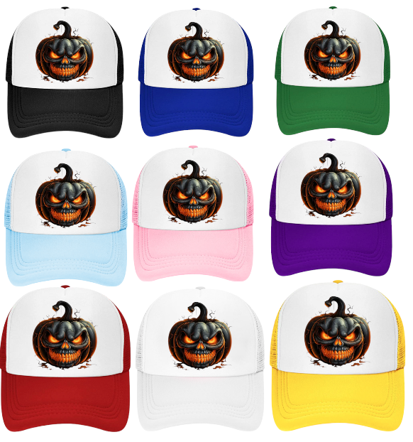 Black Pumpkin Hat Adjustable Snapback Trucker Hat Burning Scary Pumpkin Head