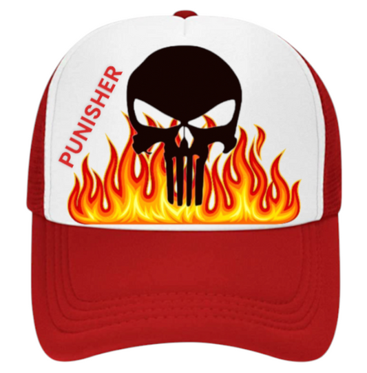 Punisher Hat Adjustable Snapback Trucker Hat Burning Fire Flame Skull Punisher