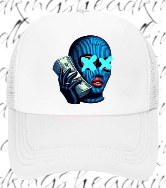 Women Hat Adjustable Snapback Trucker Hat Woman With Blue Mask Holding Dollars