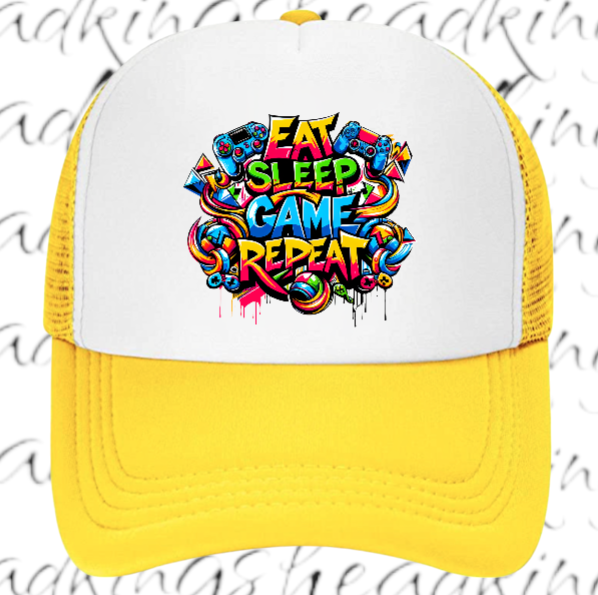 Gamer Hat Adjustable Snapback Trucker Hat Graffiti Words Eat Sleep Game Repeat