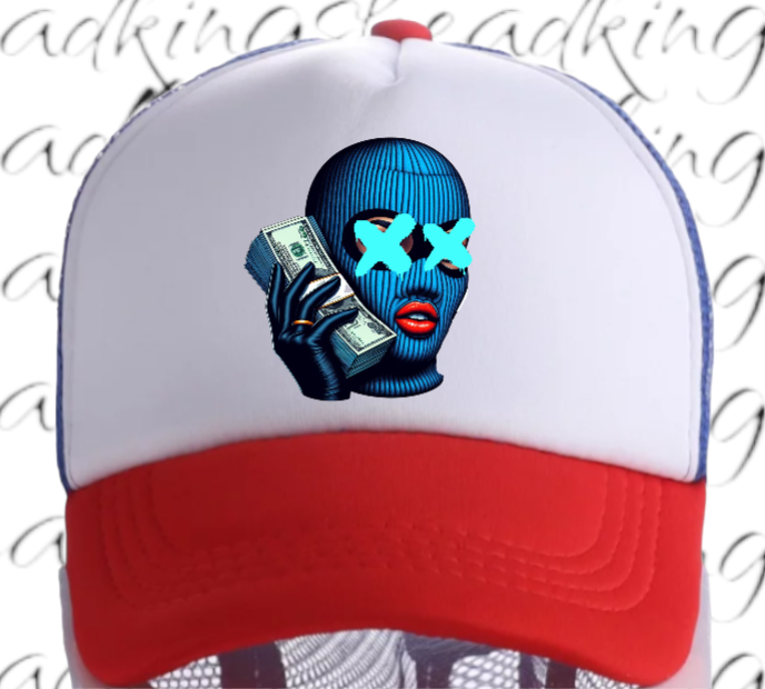 Women Hat Adjustable Snapback Trucker Hat Woman With Blue Mask Holding Dollars