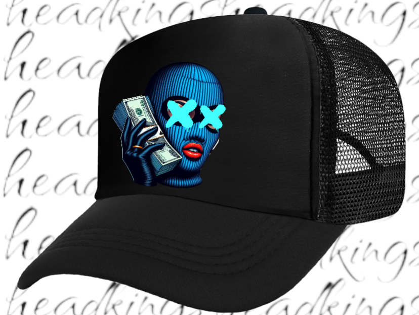 Women Hat Adjustable Snapback Trucker Hat Woman With Blue Mask Holding Dollars
