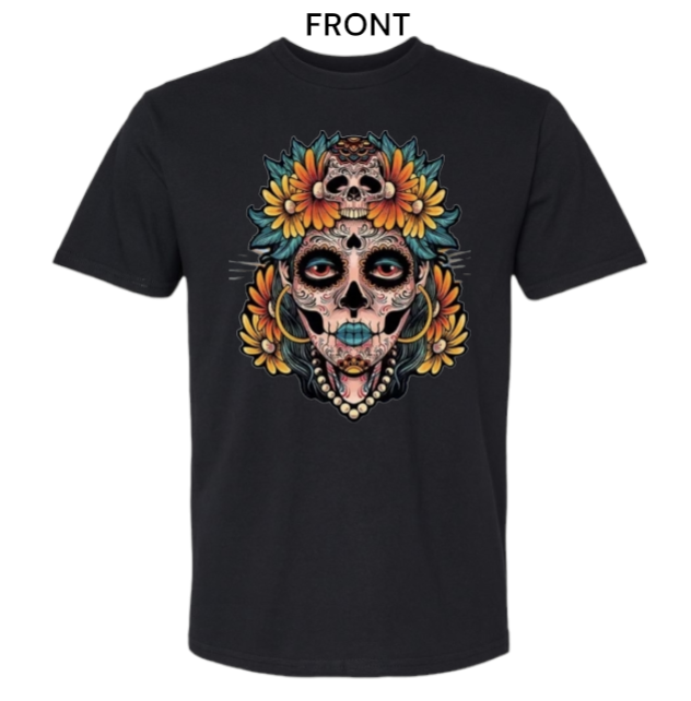 Day Of The Dead Día De Muertos T-shirt 100% Cotton T-shirt Short Sleeve Black.