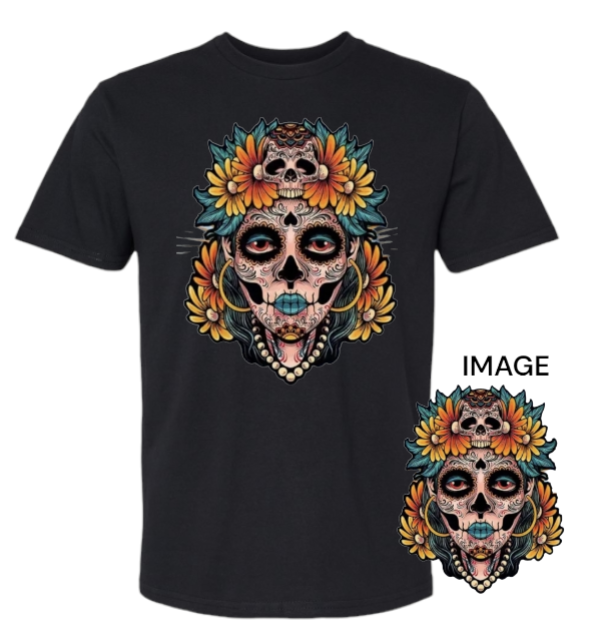 Day Of The Dead Día De Muertos T-shirt 100% Cotton T-shirt Short Sleeve Black.