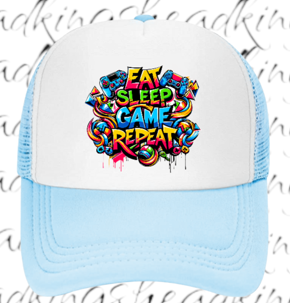 Gamer Hat Adjustable Snapback Trucker Hat Graffiti Words Eat Sleep Game Repeat