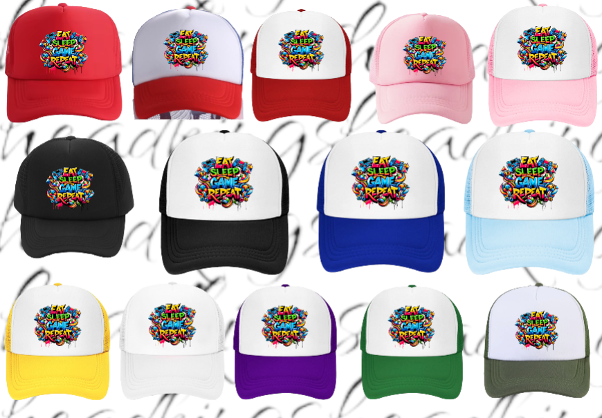Gamer Hat Adjustable Snapback Trucker Hat Graffiti Words Eat Sleep Game Repeat