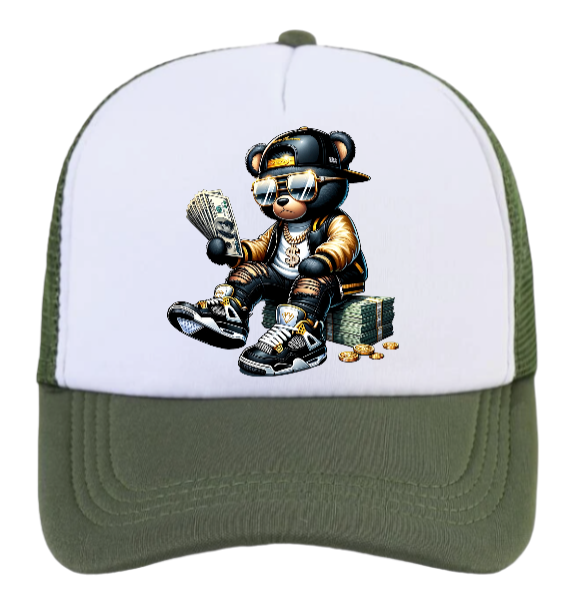 Dollars Hat Adjustable Snapback Trucker Hat Gangster Bear Counting Money Dollars