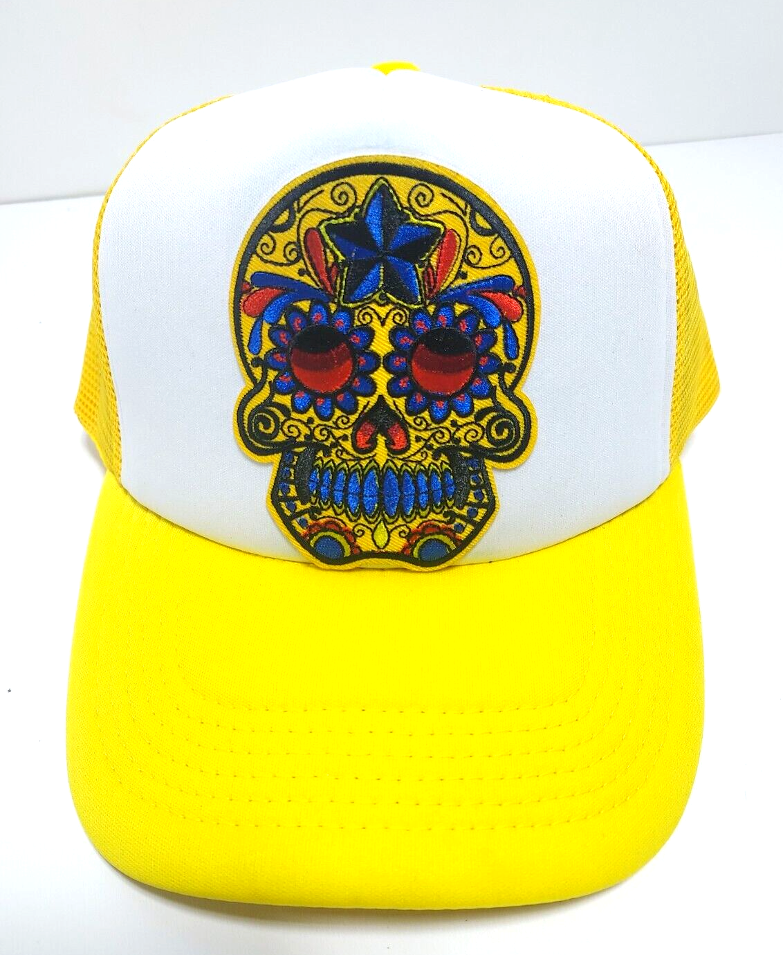 Floral Skull Head Adjustable Snapback Trucker Hat Embroidery Skull Yellow Hat