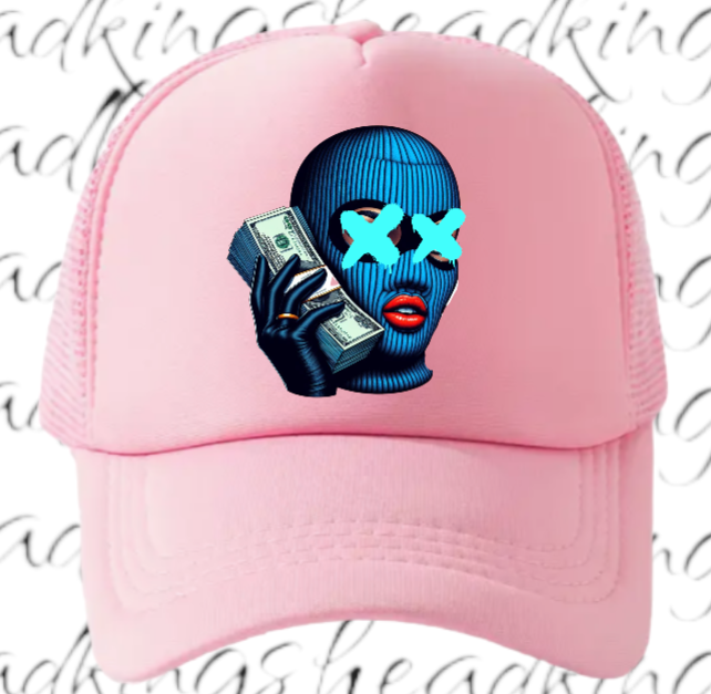 Women Hat Adjustable Snapback Trucker Hat Woman With Blue Mask Holding Dollars