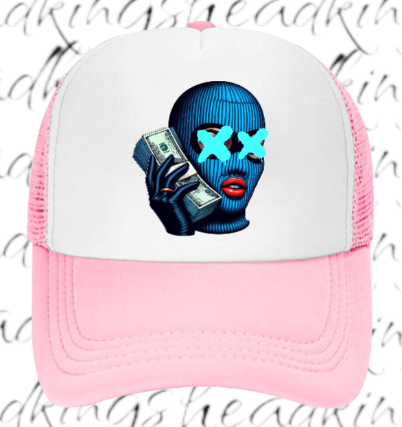 Women Hat Adjustable Snapback Trucker Hat Woman With Blue Mask Holding Dollars