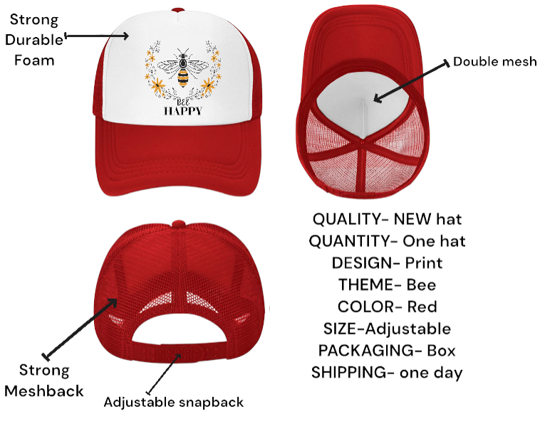 Bee Happy Baseball Hat Trucker Hat Adjustable Snapback BEE Hat