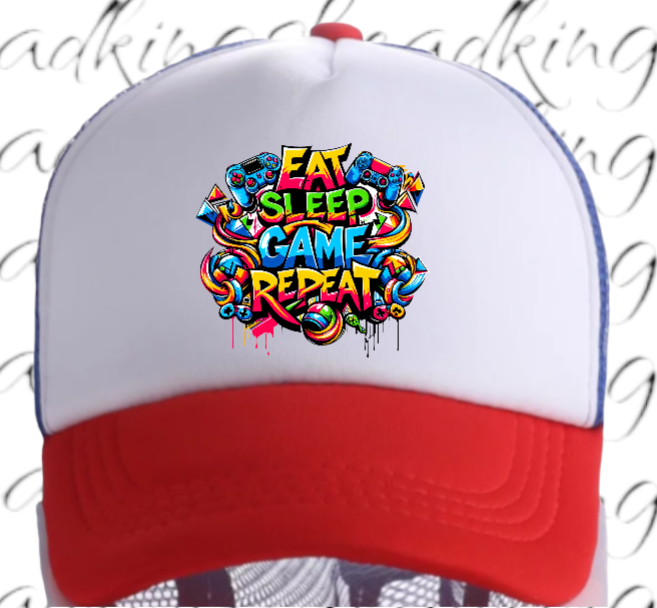 Gamer Hat Adjustable Snapback Trucker Hat Graffiti Words Eat Sleep Game Repeat