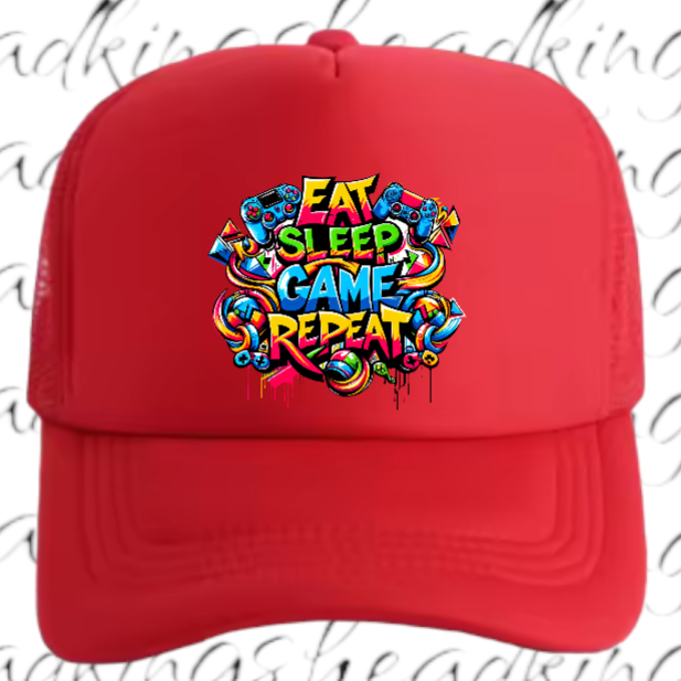 Gamer Hat Adjustable Snapback Trucker Hat Graffiti Words Eat Sleep Game Repeat