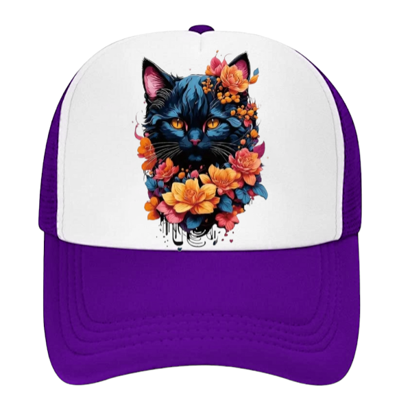 Cat Hat Adjustable Snapback Trucker Hat Floral Black Cat Animal Lovers Gift