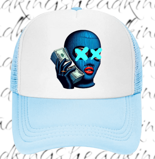 Women Hat Adjustable Snapback Trucker Hat Woman With Blue Mask Holding Dollars