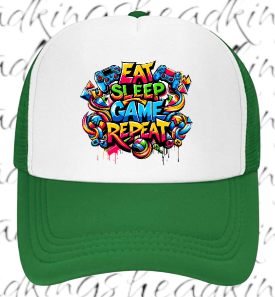 Gamer Hat Adjustable Snapback Trucker Hat Graffiti Words Eat Sleep Game Repeat