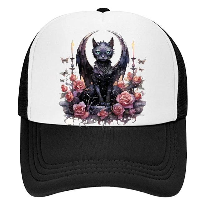 Angel Cat Hat Adjustable Snapback Trucker Hat Cute Black Cat With Wings Floral