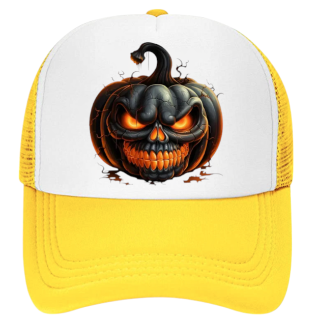 Black Pumpkin Hat Adjustable Snapback Trucker Hat Burning Scary Pumpkin Head