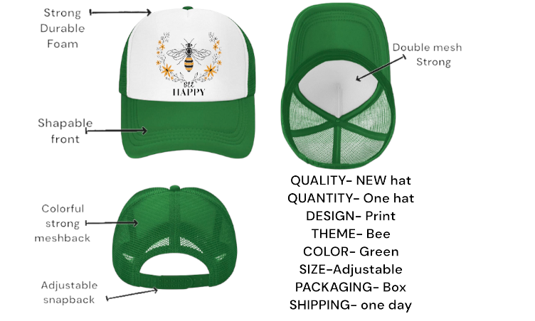 Bee Happy Baseball Hat Trucker Hat Adjustable Snapback BEE Hat