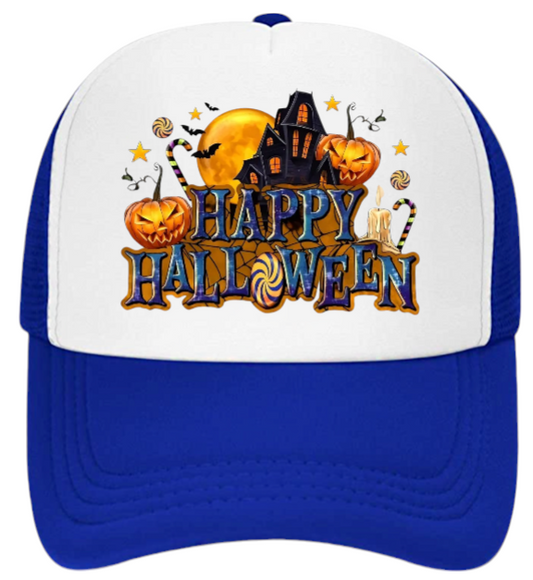Happy Halloween Hat Adjustable Snapback Trucker Hat Candy House Bats Pumpkins
