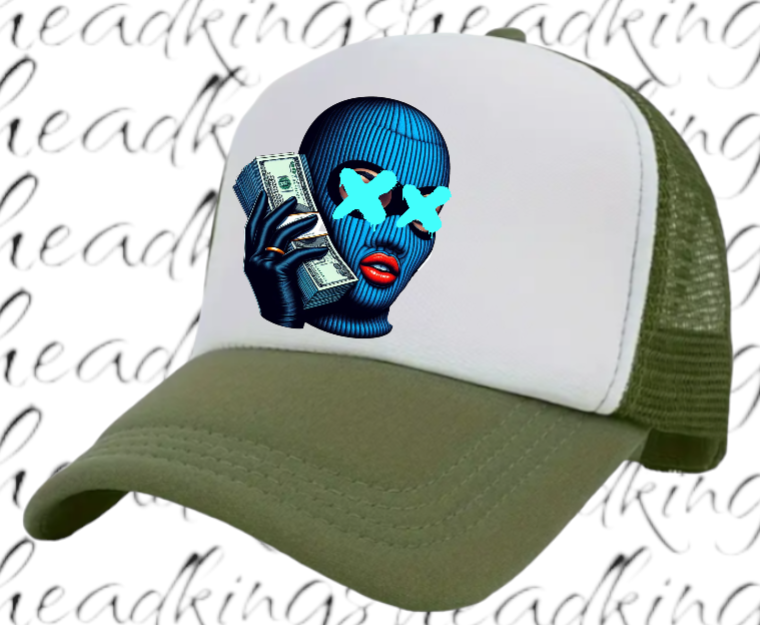 Women Hat Adjustable Snapback Trucker Hat Woman With Blue Mask Holding Dollars