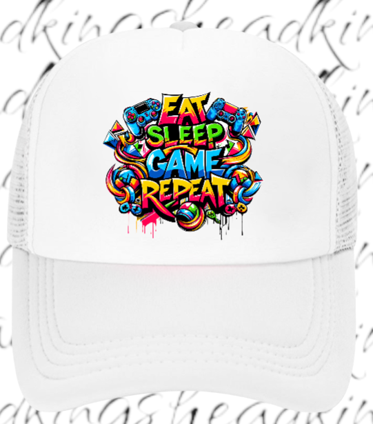 Gamer Hat Adjustable Snapback Trucker Hat Graffiti Words Eat Sleep Game Repeat