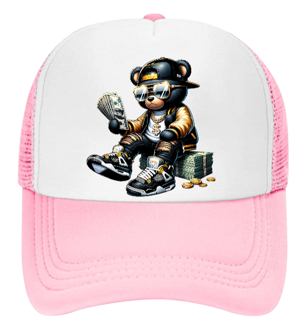 Dollars Hat Adjustable Snapback Trucker Hat Gangster Bear Counting Money Dollars