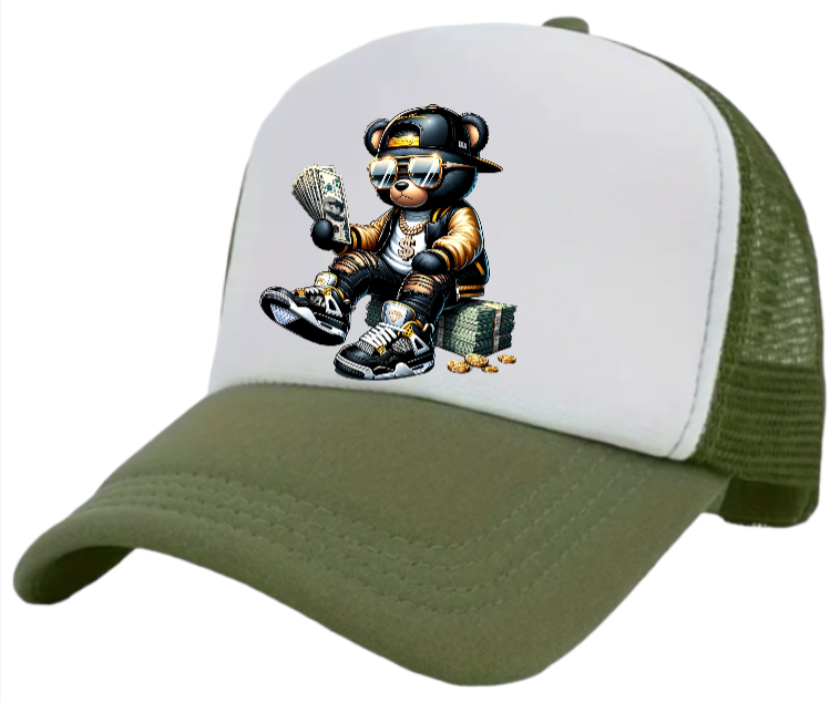 Dollars Hat Adjustable Snapback Trucker Hat Gangster Bear Counting Money Dollars